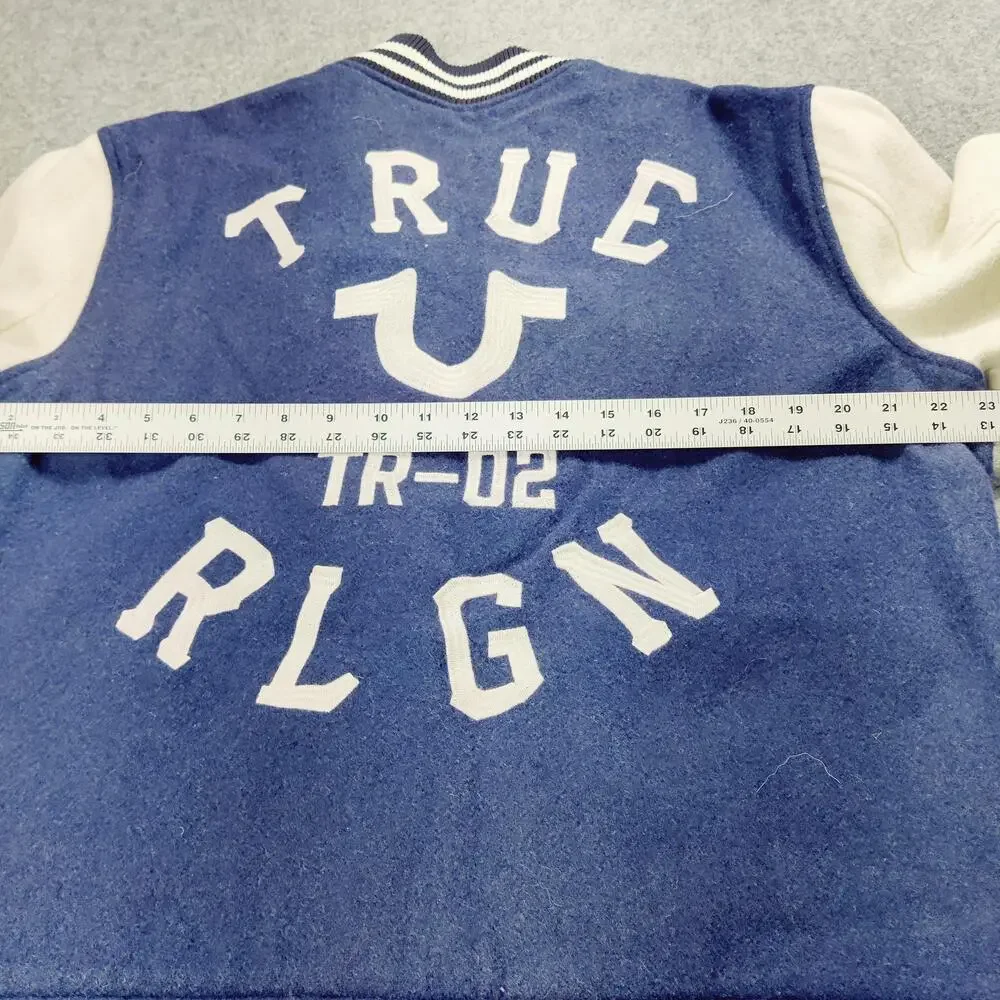 True Religion Jacket Mens XL Blue Cream Varsity Letterman Wool Blend Snap Front
